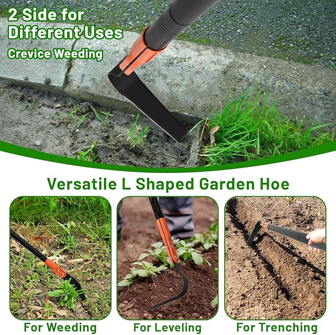 Small Garden Hoe with 71" Long Handle, L Shaped Gardening Weeding Tools with Three-Sided Sharp Blades, Hula Garden Hoe, Lightweight Weed Puller Tool for Trenching, Weeding, Loosening, Crack Weeder