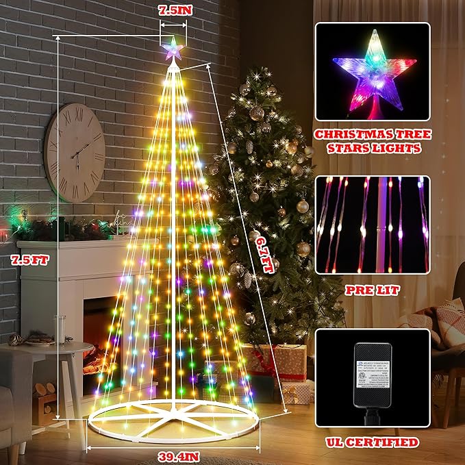 7.5FT Smart Christmas Cone Tree,LED Outdoor Christmas Tree with Music Sync, Remote & APP Control, Million Colors DIY Artificial Cone Trees Christmas Decor for Indoor Outdoor