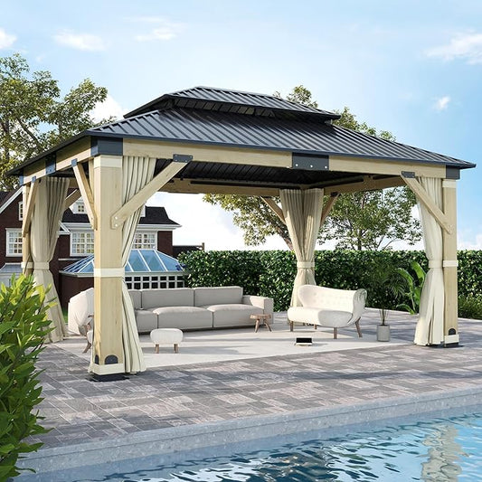 13'x15' Wood Gazebo, Outdoor Solid Wooden Gazebo with Double Roof Galvanized Steel Top, Hardtop Cedar Frame with Curtain & Netting for Garden, Patio, Deck, Backyard
