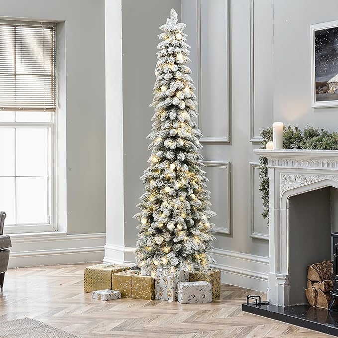 LuxenHome 7FT Flocked Christmas Tree, Slim Pencil Christmas Tree Pre-lit with 200 Warm White LED Globe Lights, Lighted Artificial Christmas Trees with Stand for Indoor, Outdoor Holiday Decorations