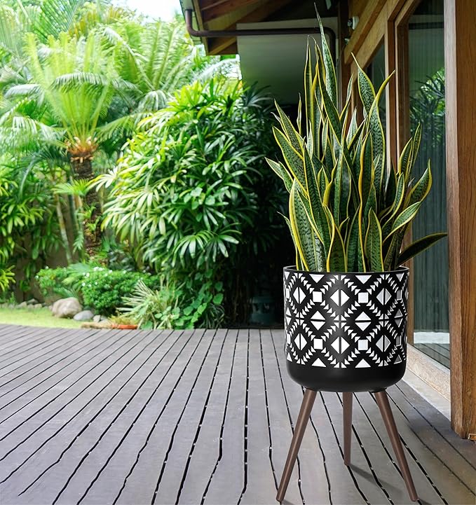 D'vine Dev 16 Inch Planter Pot with Stand, Mid-Century Tall Plant Pot with Legs for Indoor Plants, White/Black, 88-G-E-4