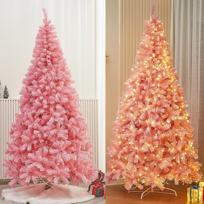Juegoal 7.5 FT Artificial Christmas Tree (NOT Pre-Strung) with 450 LED Warm White String Lights, Spruce Hinged Tree, 8 Lighting Modes, Fake Xmas Pine Tree with Metal Legs, 1350 Branch Tips, Pink