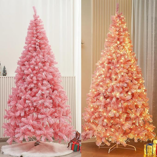 Juegoal 7.5 FT Artificial Christmas Tree (NOT Pre-Strung) with 450 LED Warm White String Lights, Spruce Hinged Tree, 8 Lighting Modes, Fake Xmas Pine Tree with Metal Legs, 1350 Branch Tips, Pink