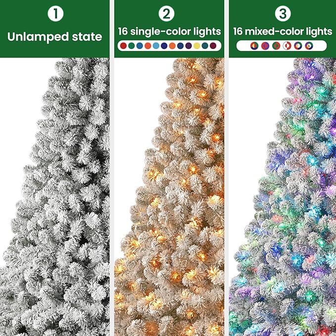 SHareconn 6ft Prelit Snow Flocked Spruce Artificial Christmas Tree with Remote (2025 Upgraded), 330 Pre-Lit Multi-Color RGB Lights, Full Snow Branch Tips for Home, Office, Xmas Decoration, 6 FT