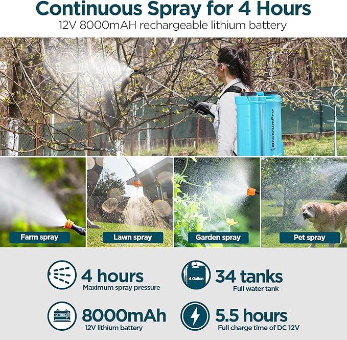 Backpack Sprayer 4 Gallon with Mixer, 100 PSI Powerful Pressure Pump Battery Powered Weed Insecticide Sprayer, Spray of 4 Hours, Telescopic Wand, 5 Nozzles, Ergonomic Backpack, for Lawn Garden, Farm