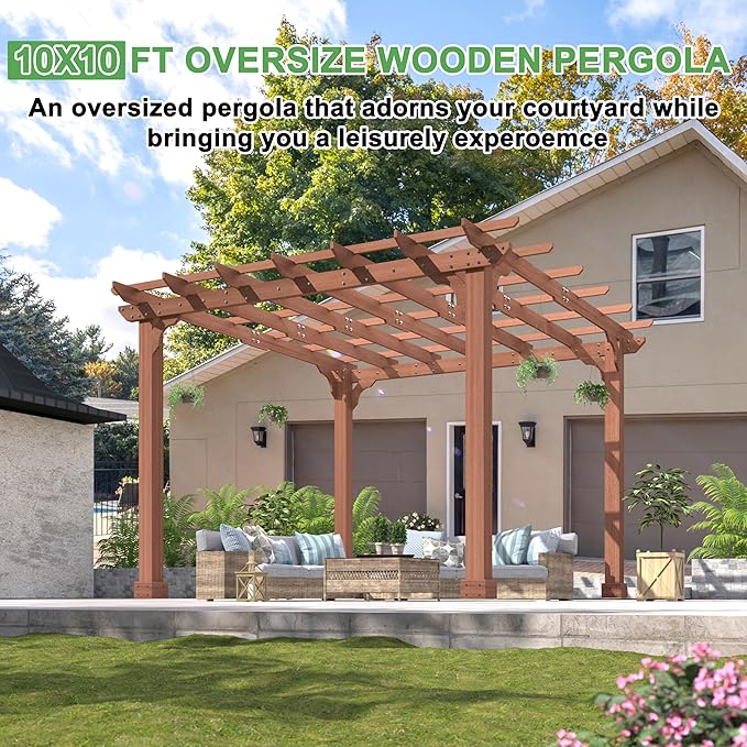 BlueWish 10'x10’ Outdoor Pergola, Patio Fir Wood Gazebo Outdoor Backyard Gazebo Pergola Kits with Slatted Roof Trellis & Stakes for Deck Grill Party Garden