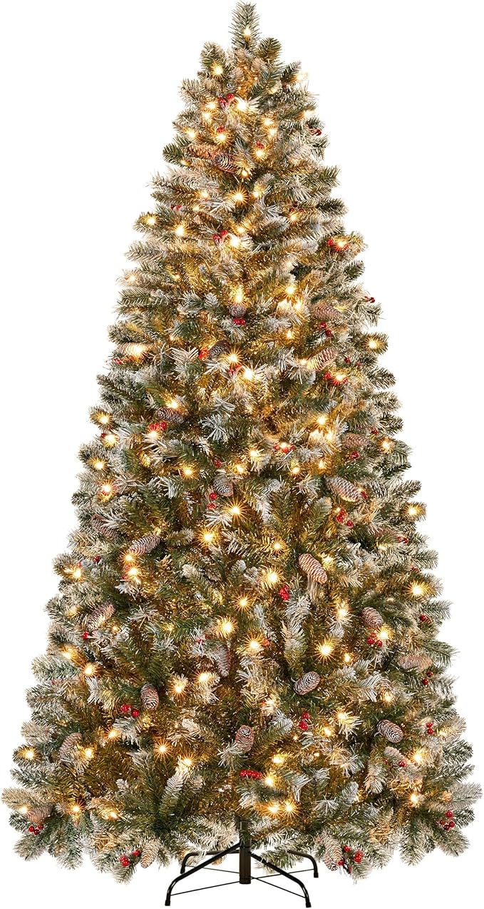 Yaheetech 7.5ft Pre-lit Frosted Artificial Hinged Christmas Tree with 1398 Flocked PVC Tips,88 Pine Cones,88 Holly Berries & 500 Warm White Lights,Foldable Stand,Green