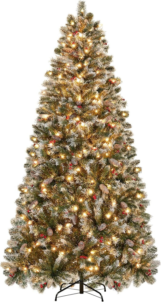 Yaheetech 7.5ft Pre-lit Frosted Artificial Hinged Christmas Tree with 1398 Flocked PVC Tips,88 Pine Cones,88 Holly Berries & 500 Warm White Lights,Foldable Stand,Green