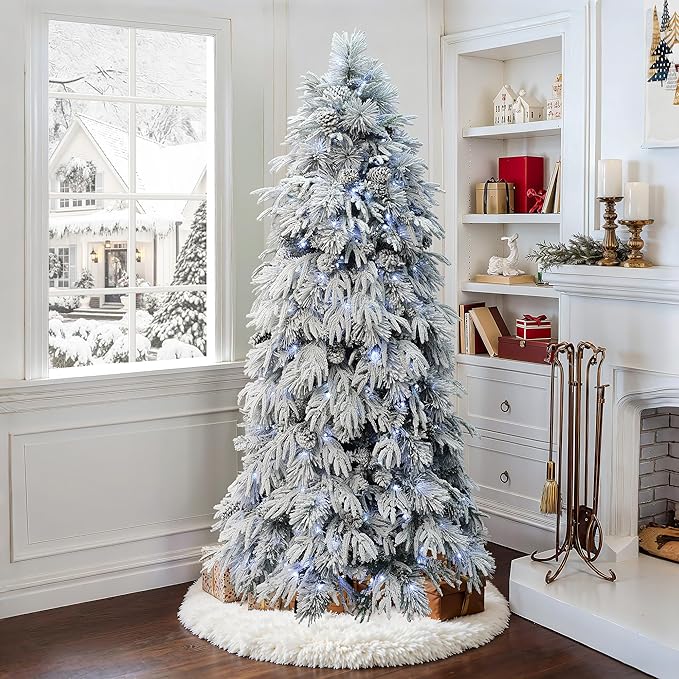 LuxenHome 6FT Flocked Artificial Christmas Tree, Downswept Branches Prelit Christmas Tree Flocked with Feather Accents, Pinecone and 260 LED Lights, 1817 PE+PVC Tips, Xmas Tree Holiday Decor
