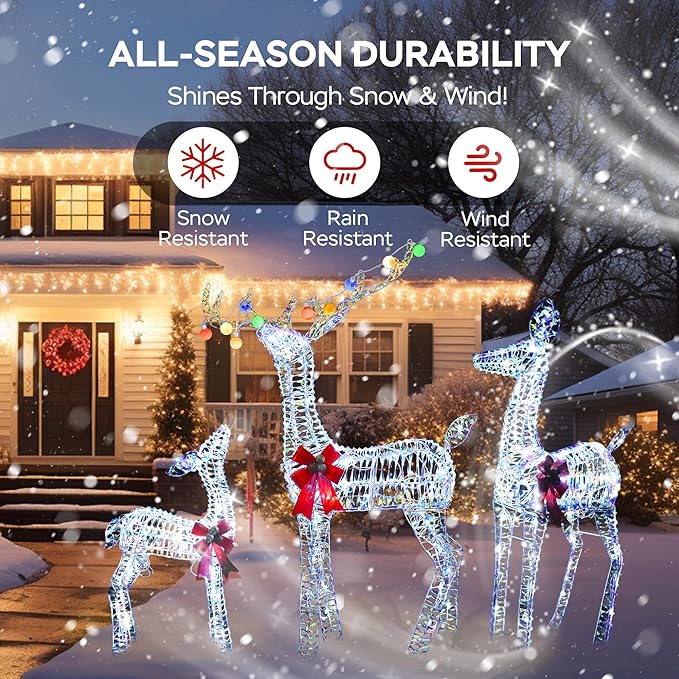 Outdoor Lighted Reindeer Family Christmas Decor, 52" H Iridescent Deer 3D Holiday Yard Decorations with 200 White LED Lights, 3-Piece Set, Perfect for Lawn, Gardern