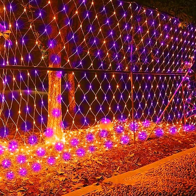 Dazzle Bright Halloween 200 LED Net Lights, 9.8 FT x 6.6 FT Connectable Mesh Lights Clear Wire with 8 Lighting Modes, Halloween Decorations for Indoor Outdoor Bush Yard Garden Decor (Purple & Orange)