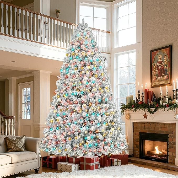 HOLLO STAR 9 ft Flocked Prelit Christmas Tree with 753 LED Lights, App Control, Artificial Christmas Tree, Multi-Color RGBW Lights, 2100 Branch Tips, Snow Xmas Tree, for Home, Party