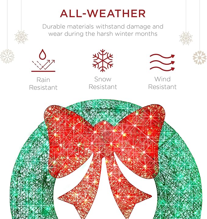Best Choice Products 48in Pre-Lit Outdoor Christmas Wreath Decoration, LED Metal Holiday Decor for Home w/ 140 Lights, Bow - Green/Red