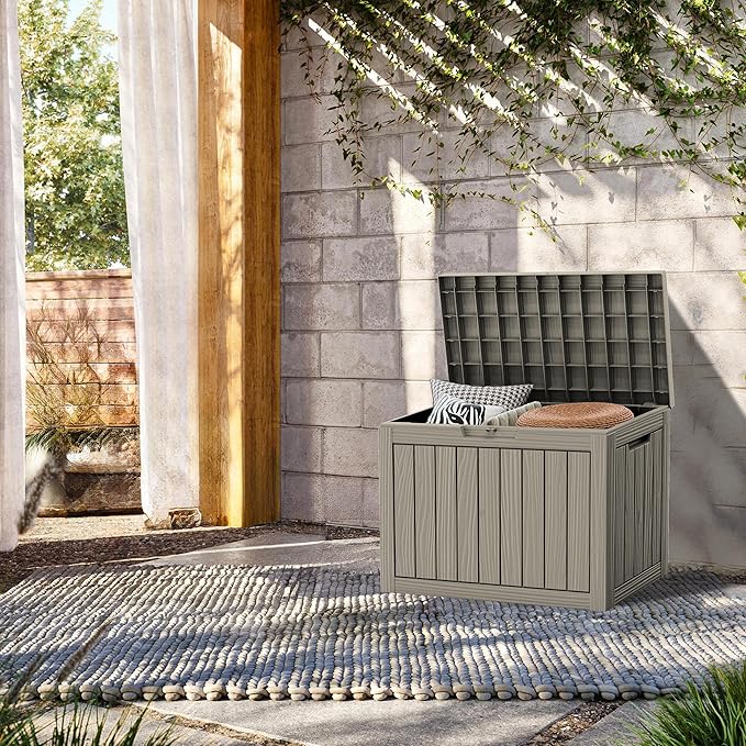TARKARI 45 Gallon Lockable Resin Deck Box, Waterproof & UV-Resistant Outdoor Storage Box for Outdoor Cushion Storage, Garden Tools & Pool Accessories Storage, Gray