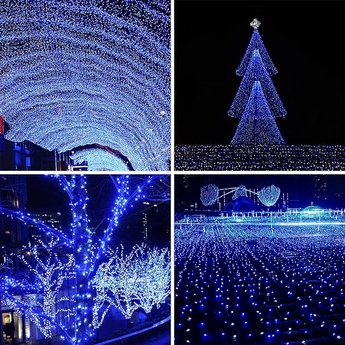 kemooie 500 LED Christmas String Lights, 164FT 8 Lighting Mode with Memory Plug in Green Wire Waterproof Lights, for Outdoor Birthday Christmas Party Garden Balcony Decorations (Blue and White)
