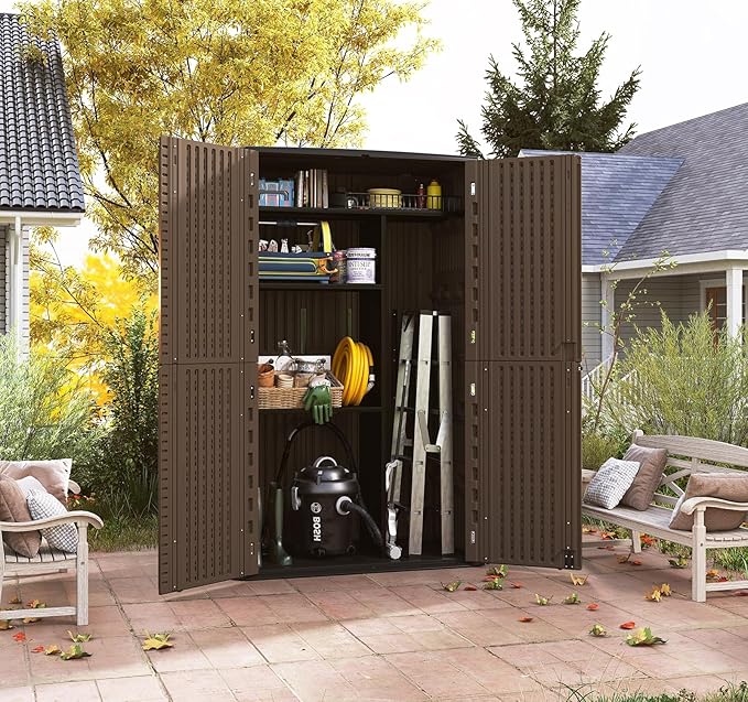 HOMSPARK Storage Shed Weather Resistance, Multi-Purpose Outdoor Storage Cabinet for Backyards and Patios, Horizontal Storage Shed for Lawnmower, Patio Accessories (Coffee, Tall - 53 cu.ft)