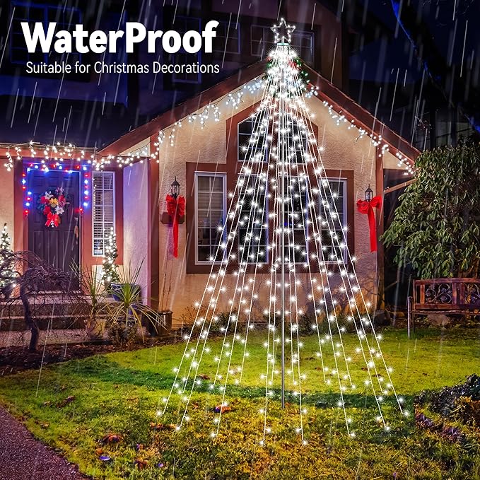 Lomotech Christmas Tree Lights - 10Ft 404 LED with 7.08" Topper, Remote Controll Waterproof Iron Pole Waterfall Lights for Outdoor Christmas Decorations (White)