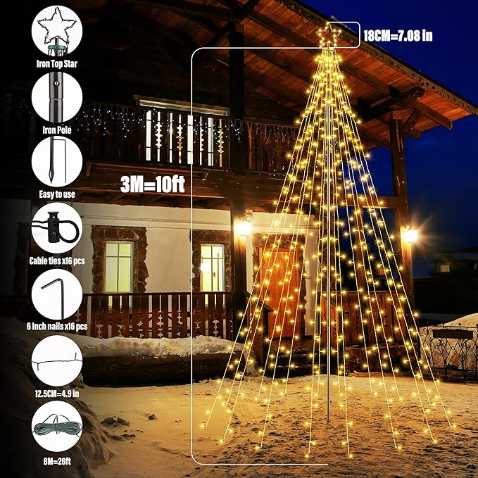 Lomotech Christmas Tree Lights - 10Ft 404 LED with 7.08" Topper, Remote Controll Waterproof Iron Pole Waterfall Lights for Outdoor Christmas Decorations (Warm White)