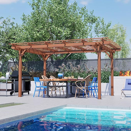 12' x 10' Outdoor Wood Pergola, Wooden Patio Pergola Gazebo Sunshade for Climbing Plant Support, Garden, Patio, Backyard, Deck, Brown