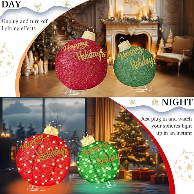 2Pcs 3FT Lighted Christmas Ornament Set - Expandable Outdoor, Indoor Holiday Decor with 200 LED Lights, Easy Assembly & Weatherproof, Red & Green Light-Up Ball for Yard, Garden, Storefront.