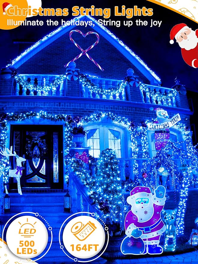 500 LED 164 FT Christmas Lights, Waterproof Outdoor String Lights with Remote and Timer, Christmas Tree Lights with 8 Modes Dimmable, Fairy Lights for Holiday Decor (Blue)