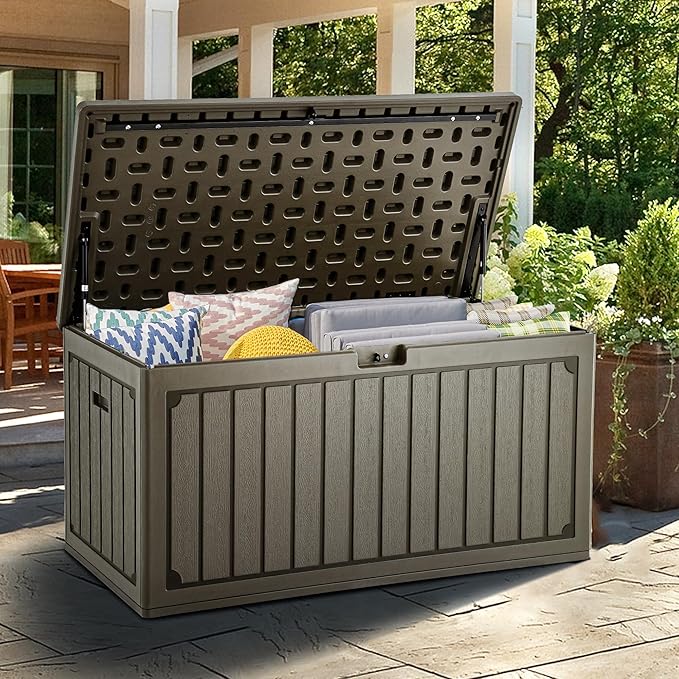 YITAHOME 90 Gallon Large Deck Box, Double-Wall Resin Outdoor Storage Boxes, Deck Storage for Patio Furniture, Cushions, Pool Float, Garden Tools, Lockable & Waterproof (Light Brown)