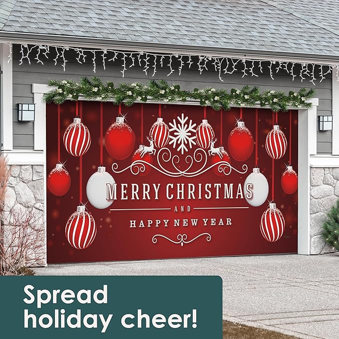 7' x 16' Timeless Red and White Ornaments Christmas Garage Door Banner - Designed to Move with Door | Elegant Holiday Double Garage Door Decoration