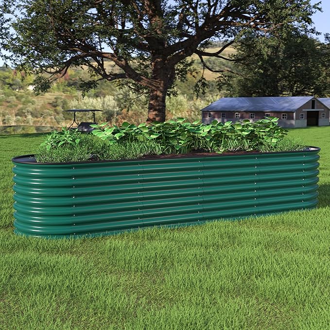 MUPATER Galvanized Raised Garden Bed 8x2x2ft, 9-in-1 Metal Raised Planter Box with Aluminum Support Rods Oval for Outdoor Vegetable Flower, Backyard and Patio, Green