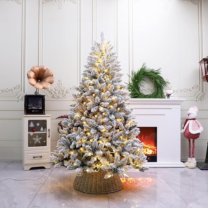 Pre-Lit Christmas Tree Artificial Snow Flocked Pine Tree Warm-White & Multicolored Lights, 8 Mode Functions,Metal Base,Home, Party Decoration 6FT