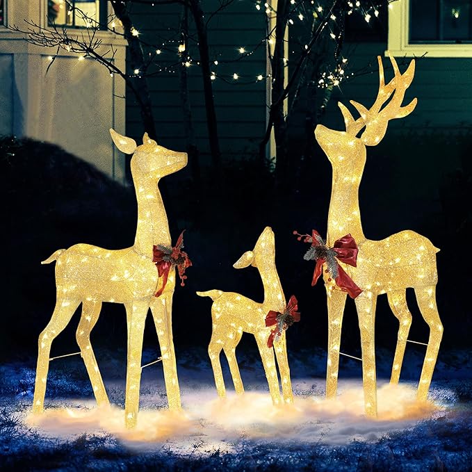 MUPATER Outdoor Christmas Decoration Lighted Deer Family Set Indoor, Christmas Holiday Yard Decor 3-Piece Set for Lawn and Home Party with Lights, Ground Stakes and Zip Ties, Gold