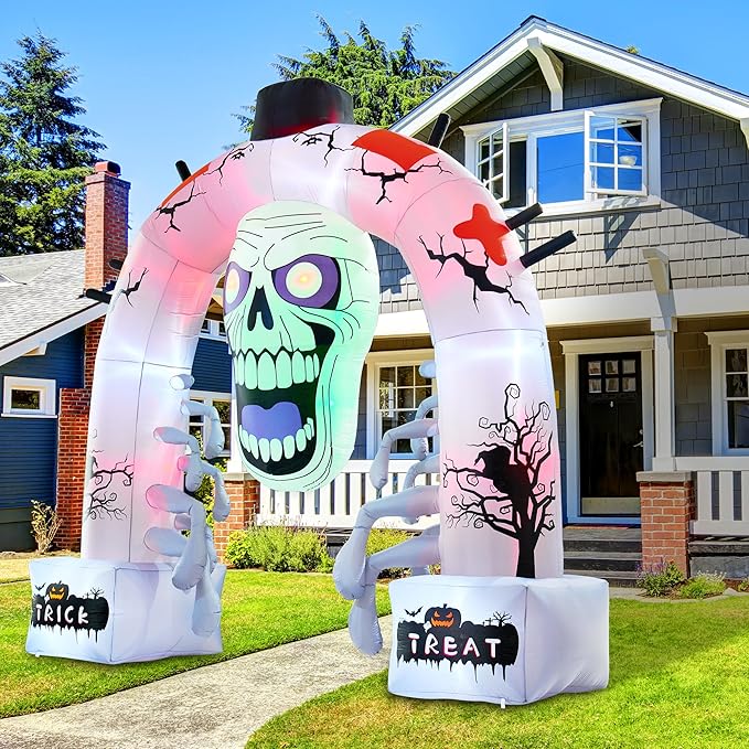 12 FT Halloween Inflatables, Scary Skeleton Archway Halloween Inflatable Outdoor Decoration, Build-in LEDs Spooky Blow Up Yard Halloween Arch for Decor Outside Holiday Party Garden Lawn