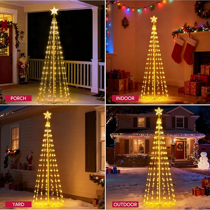 JOIEDOMI LED Christmas Cone Tree Lights, 6FT Outdoor Lighted Tree with 8 Lighting Modes & Star Topper, Christmas Decorations for Yard Porch Patio Garden Holiday Decor, Multicolor
