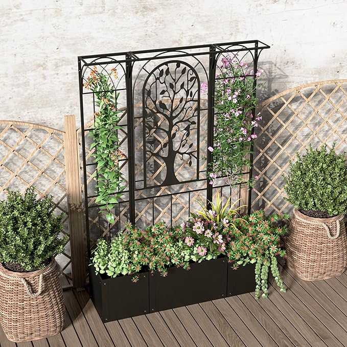 Metal Planter Box with Trellis, Raised Garden Bed with Trellis Privacy Screen, 62 inch Tall Planter Boxes for Climbing Plants, Flowers, Vegetables, Fruits, Balcony and Patio Decor (Black)