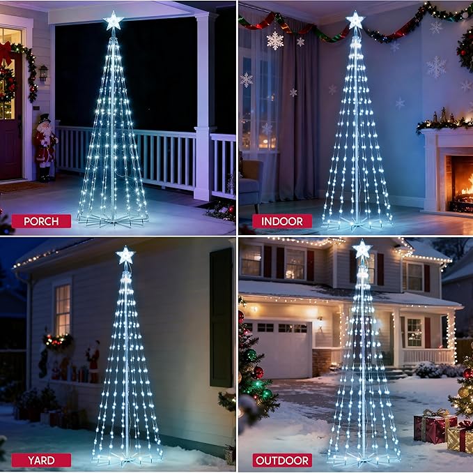 JOIEDOMI LED Christmas Cone Tree Lights, 6FT Outdoor Lighted Tree with 8 Lighting Modes & Star Topper, Christmas Decorations for Yard Porch Patio Garden Holiday Decor, Cool White