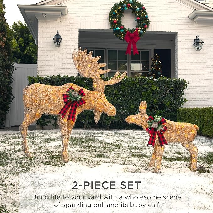 Best Choice Products 5ft 2-Piece Moose Family, Lighted Outdoor Christmas Yard Decoration, Light-Up Décor Set w/ 370 LED Lights, Zip Ties - Gold