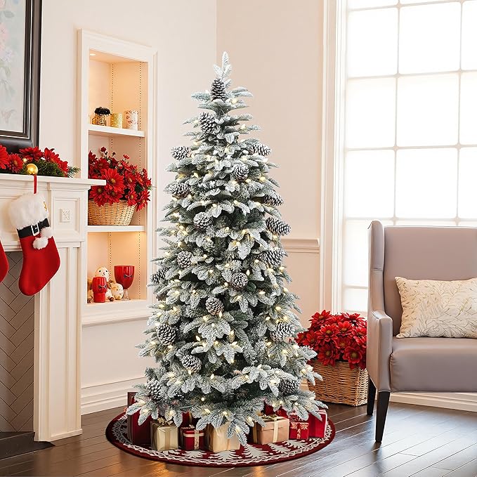 LuxenHome 6FT Christmas Tree with Lights, Flocked Artificial Christmas Tree with 8 Lighting Functions, 250 LED Lights, Pine Cone, Prelit Xmas Trees for Indoor and Outdoor Holiday Decor