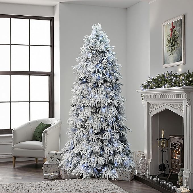 LuxenHome 7FT Flocked Artificial Christmas Tree, Downswept Branches Prelit Christmas Tree Flocked with Feather Accents, Pinecone and 350 LED Lights, 2516 PE+PVC Tips, Xmas Tree Holiday Decor
