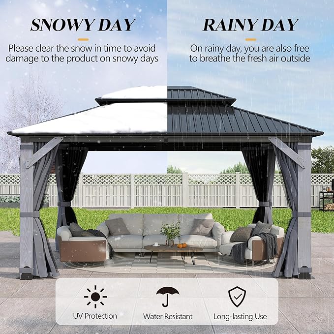 GARTOO 12' x 16' Outdoor Wood Gazebo - Permanent Wooden Hardtop Gazebo Pavilion with Double Curtains, Galvanized Steel Roof Cedar Wood Gazebos for Poolside, Garden, Lawn, Backyard Deck