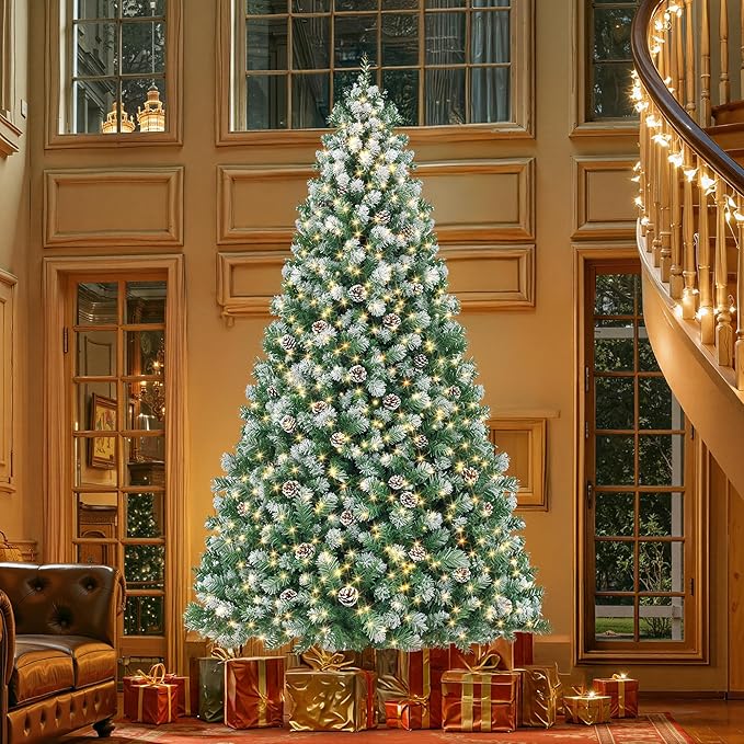 HOLLO STAR 12 ft Prelit Christmas Tree with 904 LED Lights, App Control, Artificial Christmas Tree, Multi-Color RGBW Lights, 3885 Flocked Frosted Tips, 152 Pine Cones, Metal Base, for Home, Party