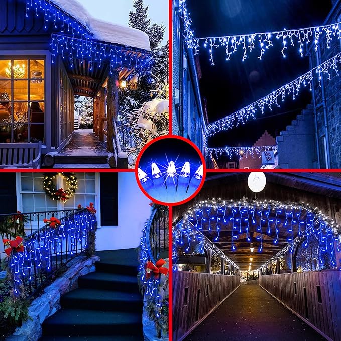1296LED Christmas Lights with 288 Drops, 131ft 8 Modes Christmas String Lights Outdoor, Waterproof Christmas Decorations Fairy Lights with Timer Memory for Xmas Party Patio Window Fence Tree Blue