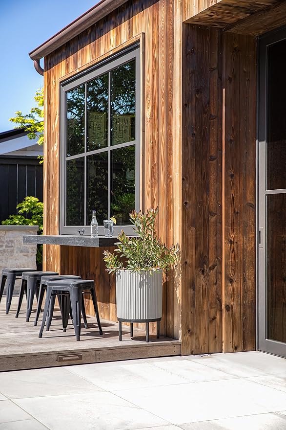 Veradek Demi Series Round Planter w/ Stand for Porch/Patio | Durable Plastic-Concrete & Wooden Stand | Modern Décor for Tall Plants, Flowers