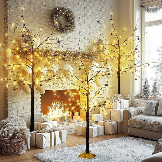 Lamerge Brown Lighted Birch Tree Set of 3, Christmas Decorations Birch Tree with Lights for Home Holiday Party, Indoor/Outdoor 4FT+5FT+6FT, Halloween Decorations