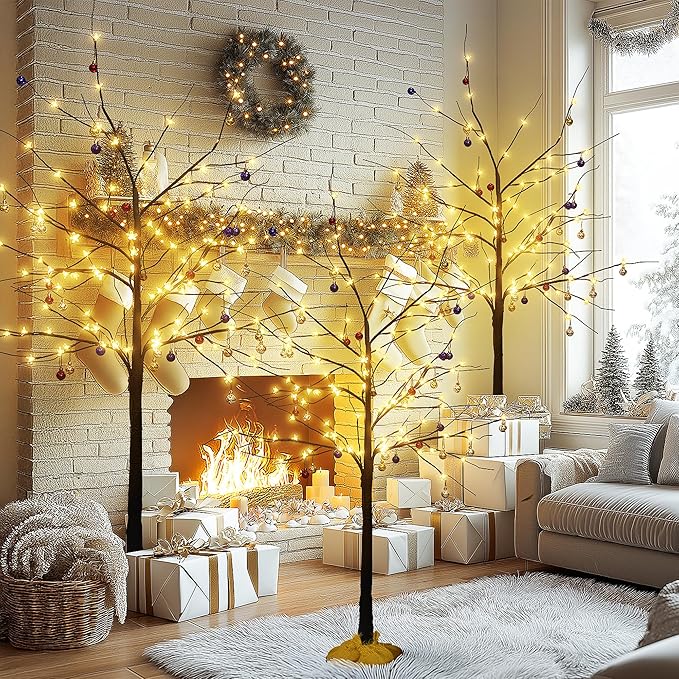 Lamerge Brown Lighted Birch Tree Set of 3, Christmas Decorations Birch Tree with Lights for Home Holiday Party, Indoor/Outdoor 4FT+5FT+6FT, Halloween Decorations