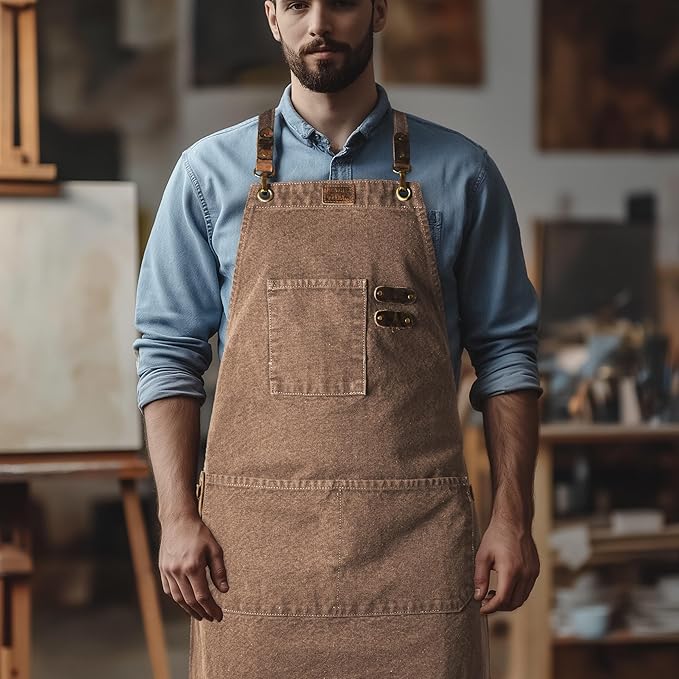 LEATHER VILLAGE Chef Aprons for Men Women with Large Pockets, Cotton Canvas Cross Back Adjustable Work Apron, Size M to XXL