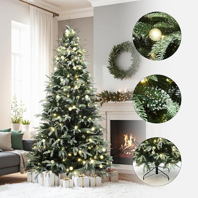 LuxenHome 6.5FT Prelit Christmas Tree with Lights, Green Flocked Artificial Christmas Tree with 350 LED Globe Lights, 1473 PE+PVC Branch Tips, Plug-in Prelit Pine Tree Indoor, Outdoor Holiday Décor
