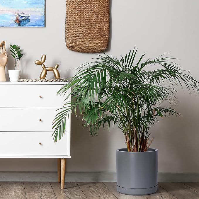 D'vine Dev 6 Inch & 8 Inch & 10 Inch, Set of 3 Round Ceramic Planter Pot with Drainage Hole and Saucer, Grey, 94-T-L-3