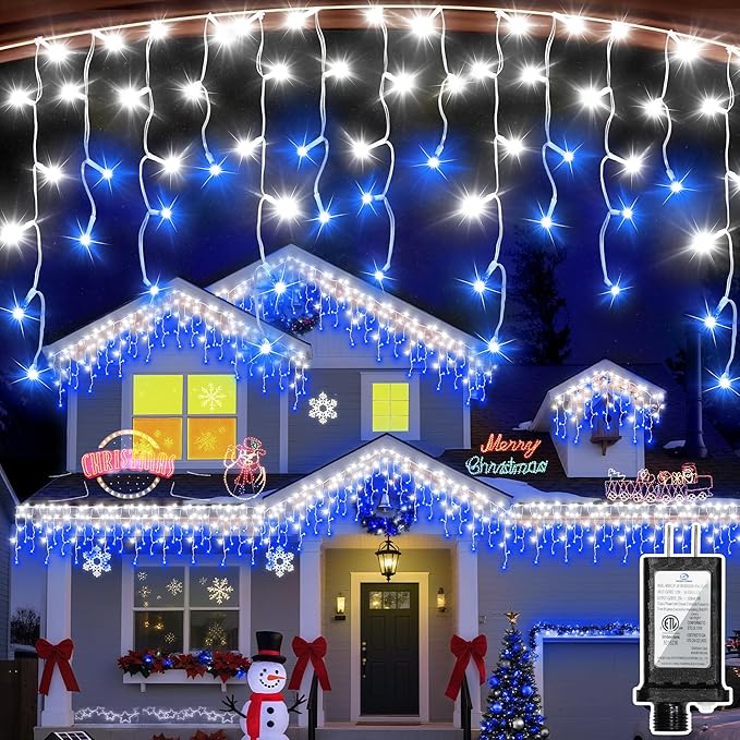 504 LED Christmas Lights Outdoor 50FT with 112 Drops, Christmas Decorations Hanging Lights 12 Modes, Dimmable Outsite Fairy String Lights for Wedding Party Holiday Winter Wonderland Decor Blue & White