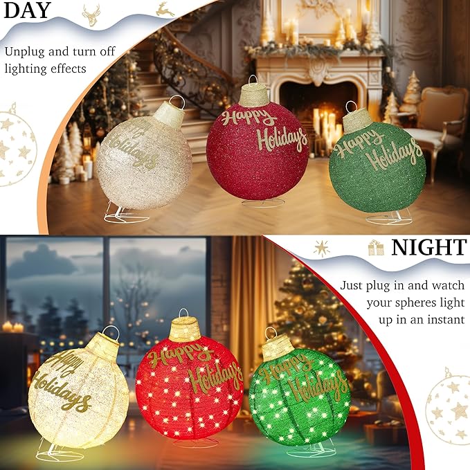 3Pcs 3FT Lighted Christmas Ornament Set Expandable Outdoor, Indoor Holiday Decor with 290 LED Lights, Easy Assembly & Weatherproof, Red & Green & Gold Light-Up Ball for Yard, Garden, Storefront.