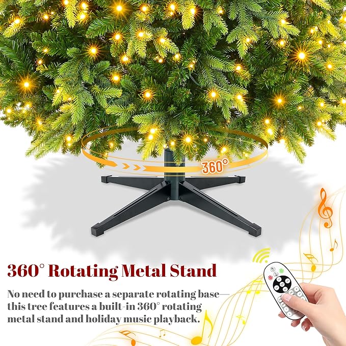 Thalassophile 7.5ft Pre-Lit Full Christmas Tree with Rotating Stand, Prelit Rotating Artificial Hinged Realistic Xmas Tree with Remote, 470 Lights Warm White & Multi Color, 1470 Branch Tips, Green