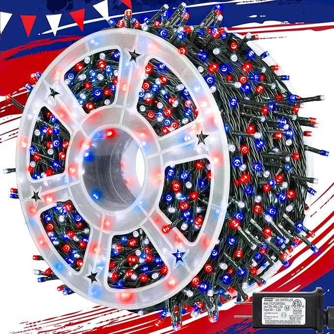 4th of July Patriotic Decoration, 500 LED Red White and Blue Lights with 8 Modes, Outdoor Waterproof String Lights for Fourth of July, Memorial Day, Independence Day Decor